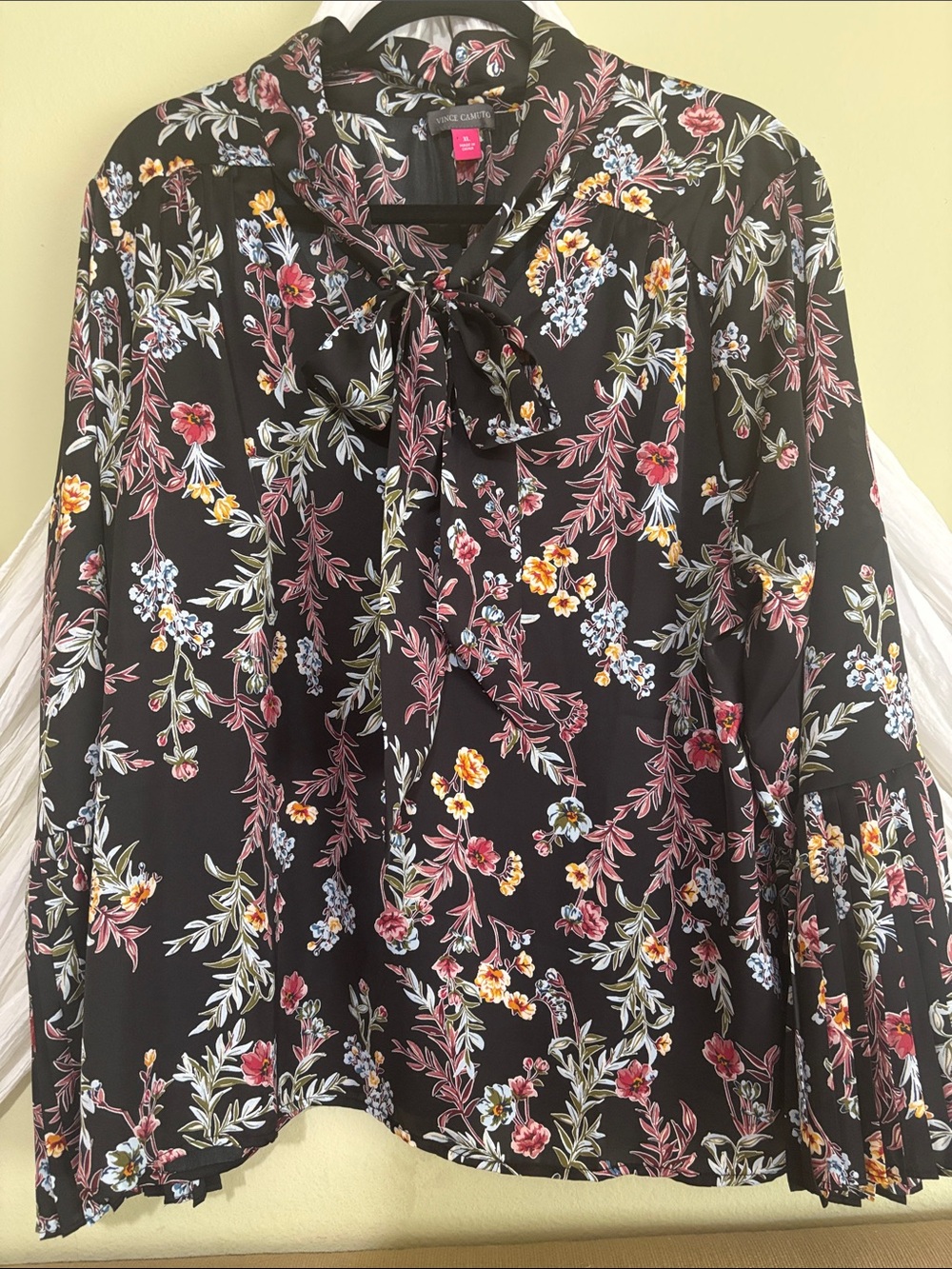 Vince Camuto Black Floral Tie-Neck Blouse with Pale Pink and Yellow Accents